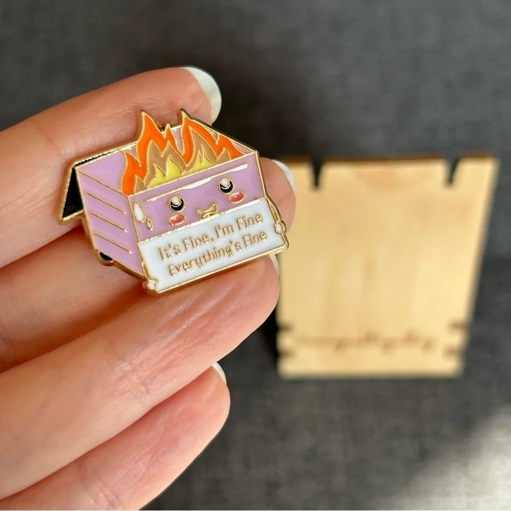 Funny Dumpster Fire “It’s Fine, I’m Fine, Everything’s Fine” Pin, Light Purple